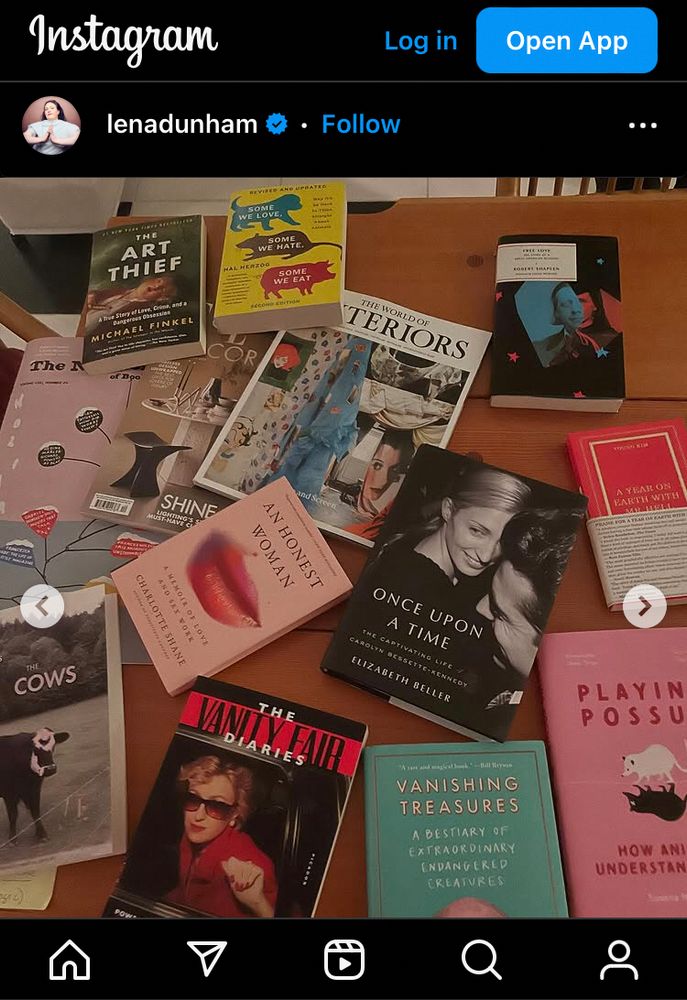 A screenshot of Lena Dunham’s instagram profile, featuring a picture of a bunch of books on a wooden table, including a copy of my “Playing Possum”. Off-screen, the caption is “2025 is cute”.