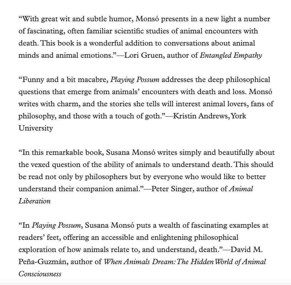A screenshot of blurbs on 'Playing Possum' by Lori Gruen, Kristin Andrews, Peter Singer, and David Peña-Guzmán