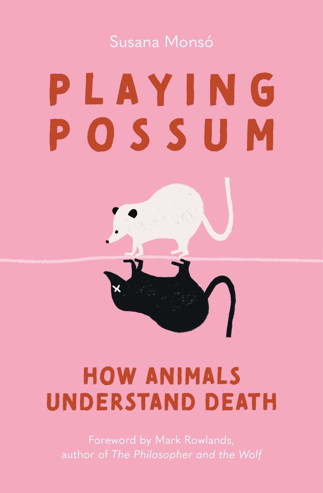The cover of “Playing Possum: How Animals Understand Death”, featuring a bubblegum pink background, red and white lettering, and an illustration of an opossum with her dead counterpart as her upside-down mirror image.
