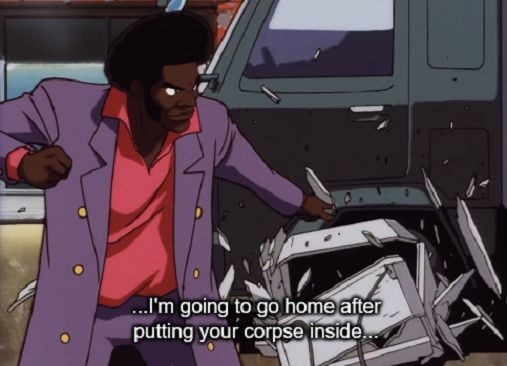 a guy is pointing at an empty coffin he's been dragging around. caption reads "I'm going to go home after putting your corpse inside..." a semi truck has just run over the coffin, exploding it