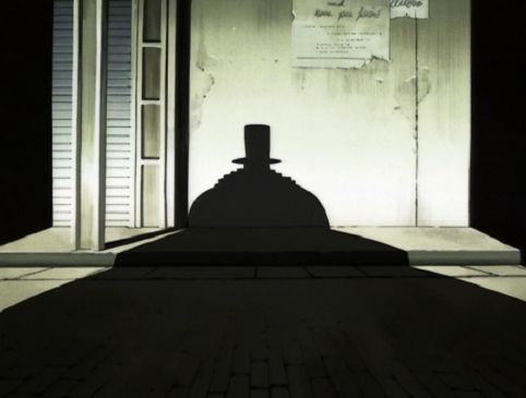 lit alley with a silhouette of somebody with a thick fancy coat and a VERY tall top hat