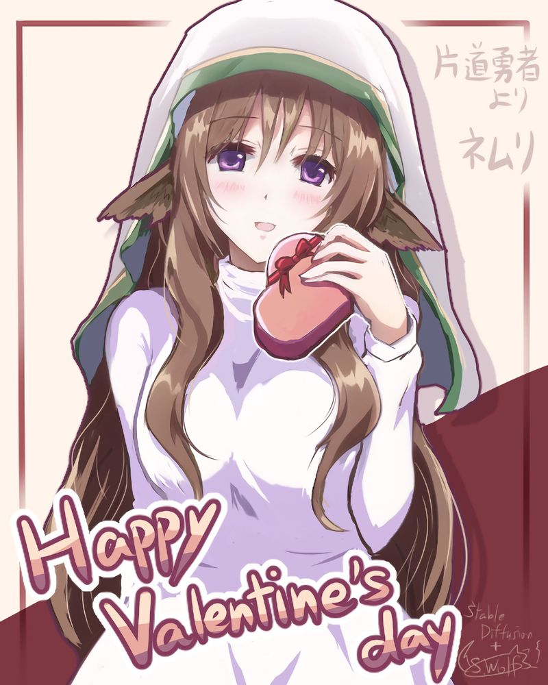 ピンクのパッケージのハート型のチョコレートらしきものを持った女性（薬師ネムリ）のイラストと、ハッピーバレンタインデイの文字。