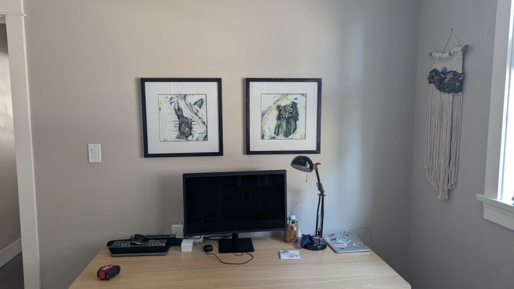 Two framed prints on the wall over a desk; the picture on the left is of a hare, and on the right is an owl.