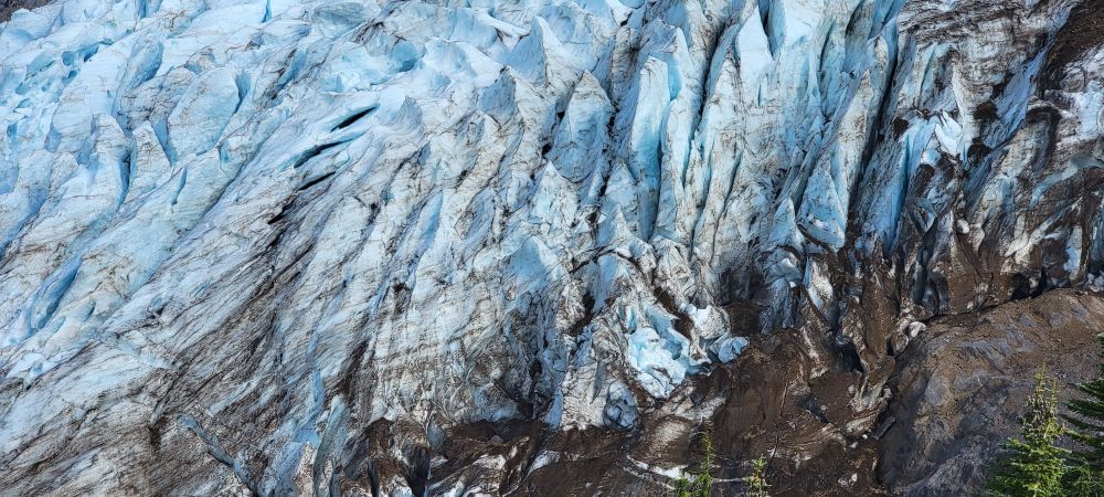 A close-up of a blue-white glacier.