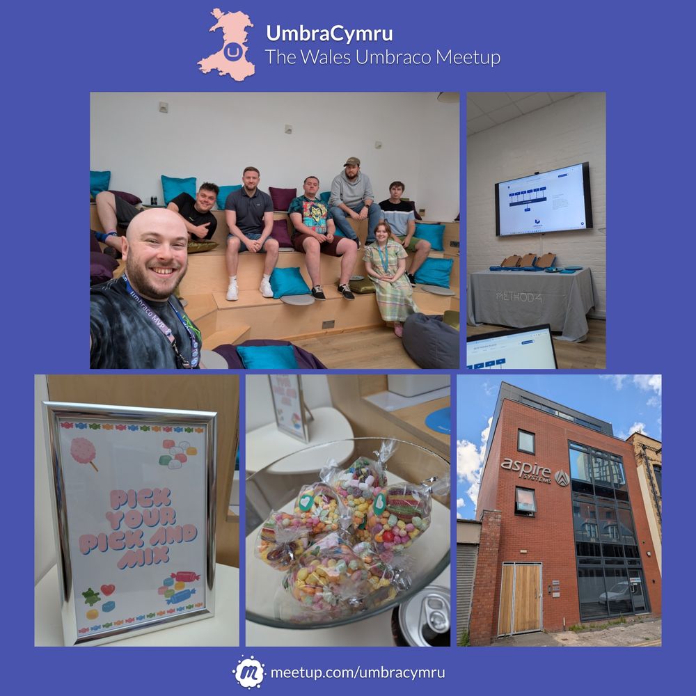 A collage from an UmbraCymru meetup, set against a purple background with the title "UmbraCymru – The Wales Umbraco Meetup." The main image shows a smiling group seated on tiered wooden seating with colorful cushions in a relaxed, informal setting. Other photos include a presentation slide on a screen above a table with swag bags, a framed sign reading “Pick your pick and mix” beside a bowl of sweet bags, and the exterior of the “Aspire Systems Digital Solutions Limited” building under a bright blue sky. The bottom includes the meetup’s URL: meetup.com/umbracymru.