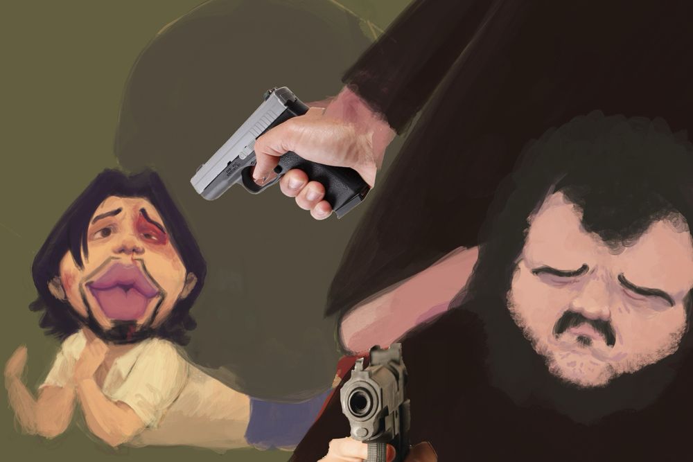 Unfinished painting of Wendigoon, who is trapped under a tractor tire and had a black eye and scratches which don’t align with being crushed by a tire but I thought it was funny, with 2 angles of meat canyon pointing a photo of a gun that’s been cropped out like a sticker