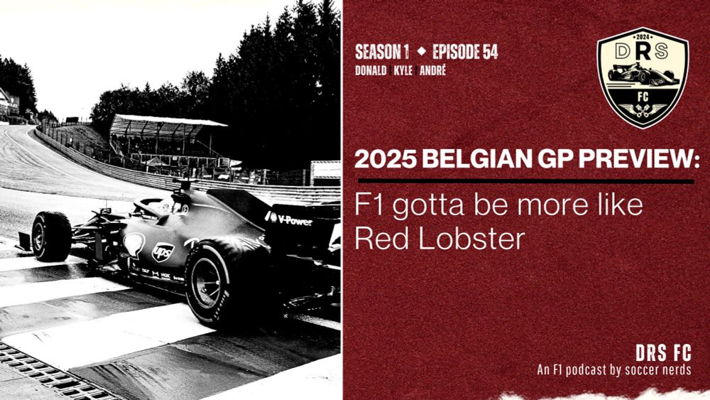 episode graphic with left half a black and white photo of a Ferrari in the midst of Eau-Rouge