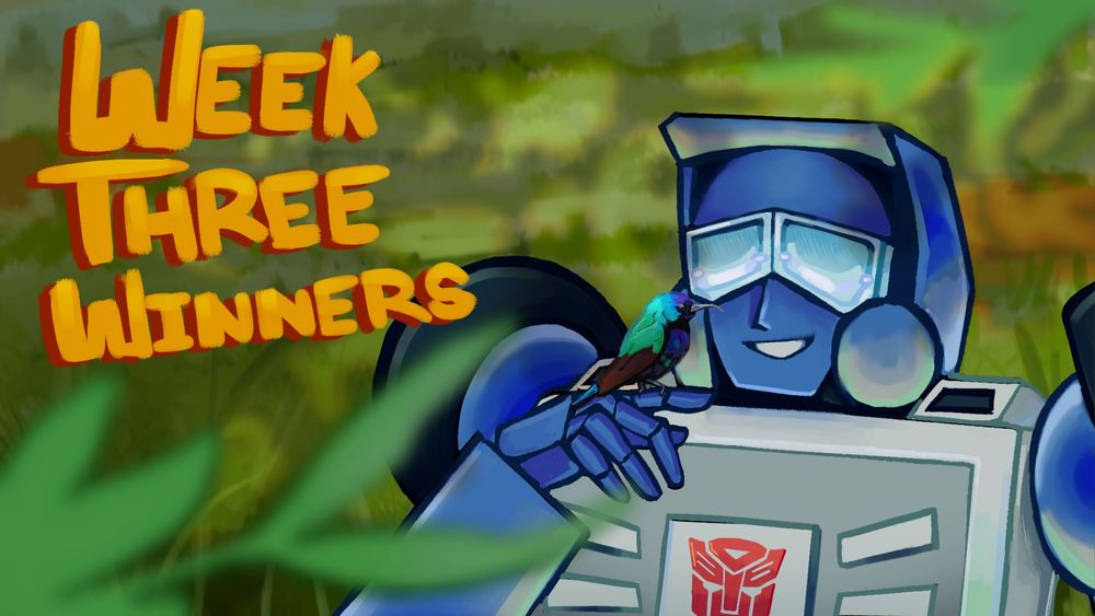 Image of Beachcomber in a nature-esque setting on the right holding a Palestinian sunbird and smiling, on the left is the text “Week Three Winners”