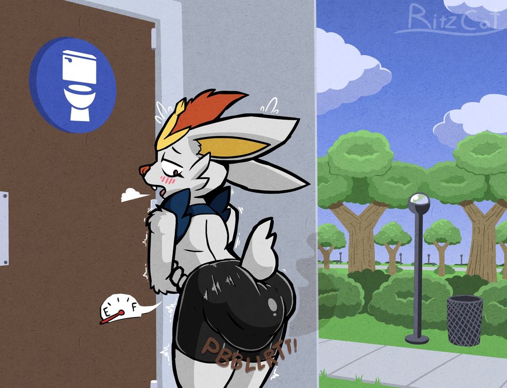 The same Cinderace, no longer knocking on the bathroom door, and instead holding their stomach with both hands as they poop their latex shorts.