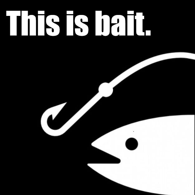 2014-era reaction image. A white silhouette of a fish hook and a fish head on a black background. At the top of the image, text reads 'This is bait.'