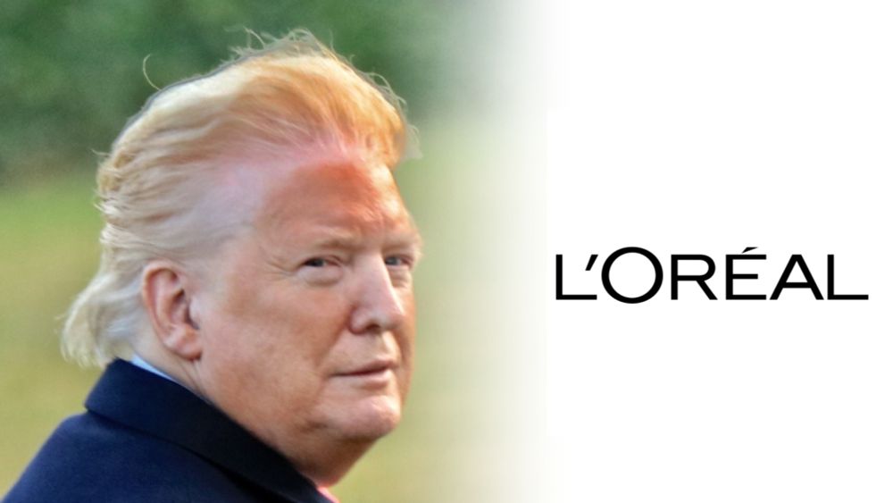 Image of a close-up of Trump outdoors, hair blown back from a helicopter, revealing an unblended edge to his bronzer/concealer makeup. Image fades into a white background with the L'OREAL logo