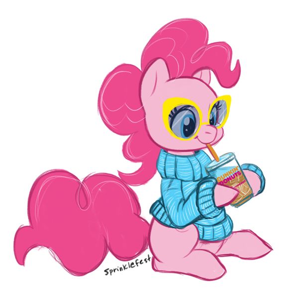 Pink pony in blue sweater drinking a dunkin donuts iced coffee