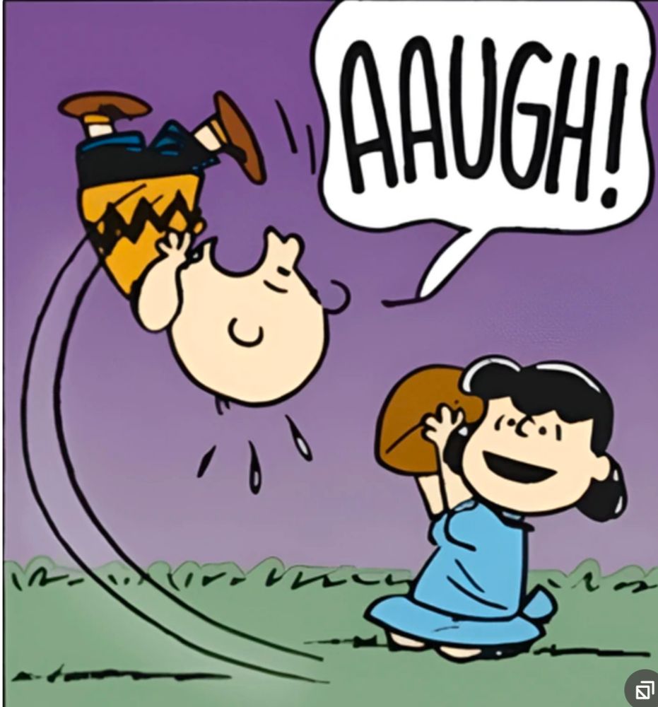 Lucy yanks a football away from Charlie Brown who is flying through the air and appears to be about to fall on his head. He  yells "Aaugh!"