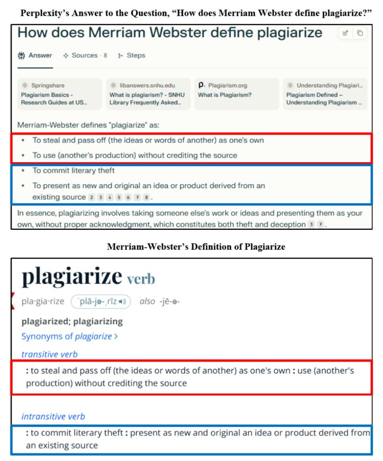 a page from the Encyclopedia Britannica Inc v. Perplexity AI Inc Lawsuit. The top section reads "Perplexity's answer to the question "How does Merriam Webster define plagiarize?" and the bottom section reads "Merriam Webster's definition of plagiarize" -- both definitions are the same in both sections, including "To steal and pass off (the ideas or words of another) as one's own"