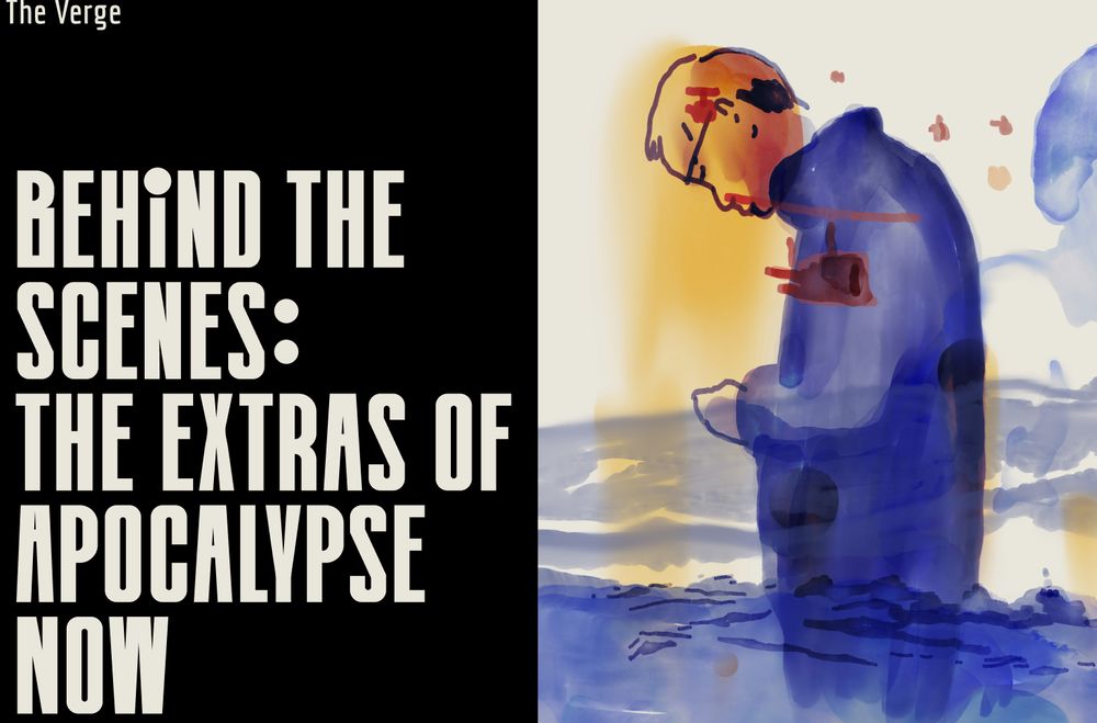 a headline reads: Behind the Scenes: the extras of Apocalypse Now. the headline sits next to an illustration of a man set against a Vietnam battlefield and a sky full of helicopters