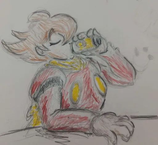 Photo of a rough doodle on paper of Shimamura Joe, character from "Cyborg 009", depicts him from the waist up, enjoying a can of Skol, a typical brazilian beer.