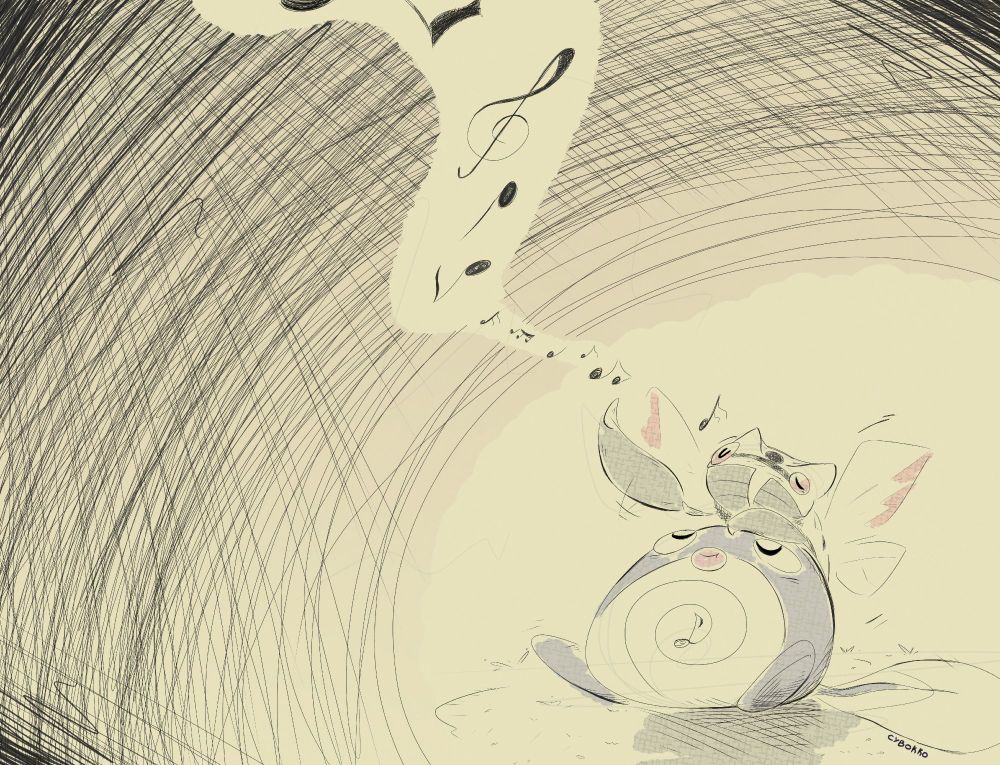 A digital doodle featuring two Pokémon: Ninjask, a cicada-inspired creature, and Poliwag, resembling a tadpole. The duo is positioned in the lower-left corner of the artwork.

Ninjask perched on Poliwag, its pose suggests it’s singing, its left claw and head raised upward, while stream of musical notes flows from its mouth. This melodic trail swirls through a dense border of crosshatching lines wich produces a visual tension between the dark background and the flowing notes.

A small musical note also appears at the end of the spiral on Poliwag’s belly. With a pleased expression, Poliwag gazes up at Ninjask.