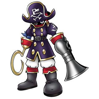 Hookmon, a Digimon with the appearance of a pirate. It has cartoonish proportions, and its face is hidden between its hat and the collar of its coat, with only its eyes visible; one of them covered by an eyepatch. Its right hand has a large golden hook-shaped, while his left has a weapon that is a mix between a cannon and a musket.

Art by Watanabe Kenji