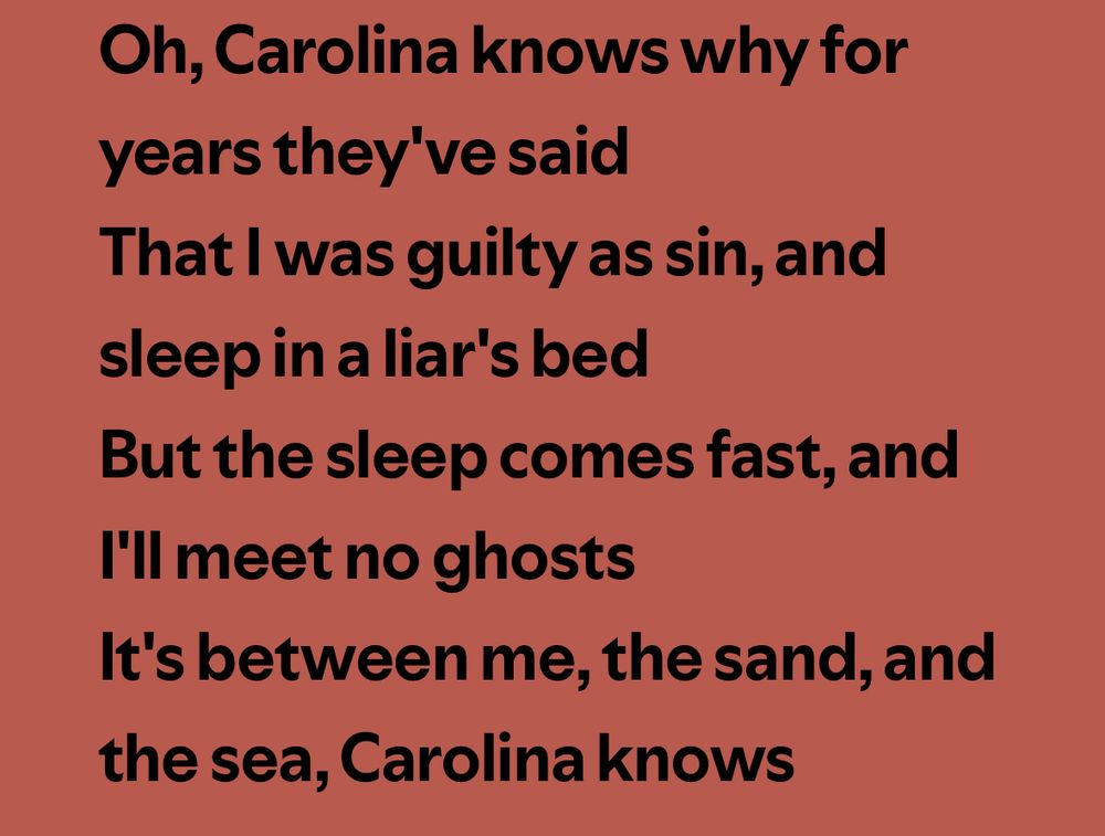 lyrics to Carolina by Taylor Swift: “Oh carolina knows why for years they’ve said that i was guilty as sin and sleep in a liars bed. But the sleep comes fast and i’ll meet no ghosts, it’s between me the sand and the sea. Carolina knows.” 