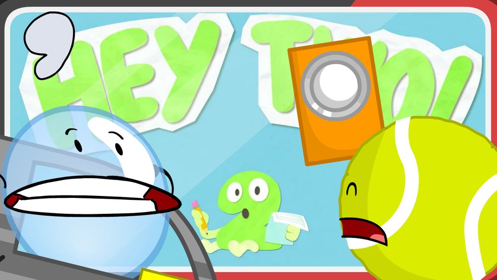 the thumbnail of my hey two video. the number 9 is in the corner, tv is showing the first shot from the original cake at stake song "hey two," and bubble, tennis ball and firey speaker are in front.