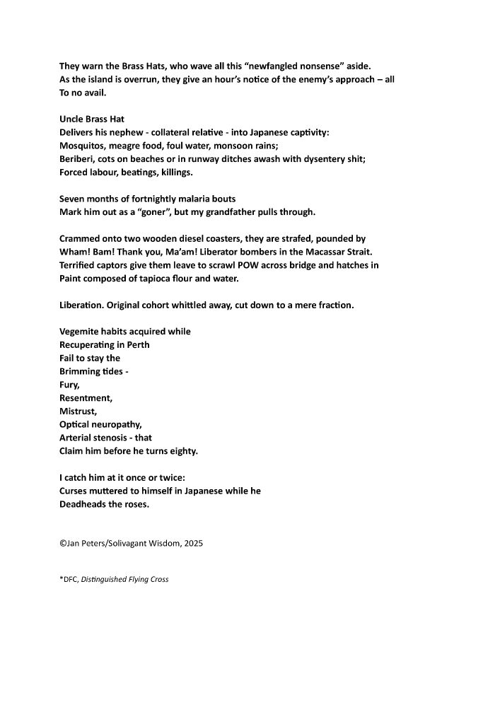 They warn the Brass Hats, who wave all this “newfangled nonsense” aside.
As the island is overrun, they give an hour’s notice of the enemy’s approach – all
To no avail.

Uncle Brass Hat 
Delivers his nephew - collateral relative - into Japanese captivity:
Mosquitos, meagre food, foul water, monsoon rains;
Beriberi, cots on beaches or in runway ditches awash with dysentery shit;
Forced labour, beatings, killings. 

Seven months of fortnightly malaria bouts 
Mark him out as a “goner”, but my grandfather pulls through. 

Crammed onto two wooden diesel coasters, they are strafed, pounded by
Wham! Bam! Thank you, Ma’am! Liberator bombers in the Macassar Strait.
Terrified captors give them leave to scrawl POW across bridge and hatches in
Paint composed of tapioca flour and water. 

Liberation. Original cohort whittled away, cut down to a mere fraction. 

Vegemite habits acquired while 
Recuperating in Perth
Fail to stay the
Brimming tides - 
Fury, 
Resentment, 
Mistrust, 
Optical neuropathy, 
Arterial stenosis - that 
Claim him before he turns eighty.

I catch him at it once or twice:
Curses muttered to himself in Japanese while he
Deadheads the roses.


©Jan Peters/Solivagant Wisdom, 2025


*DFC, Distinguished Flying Cross

