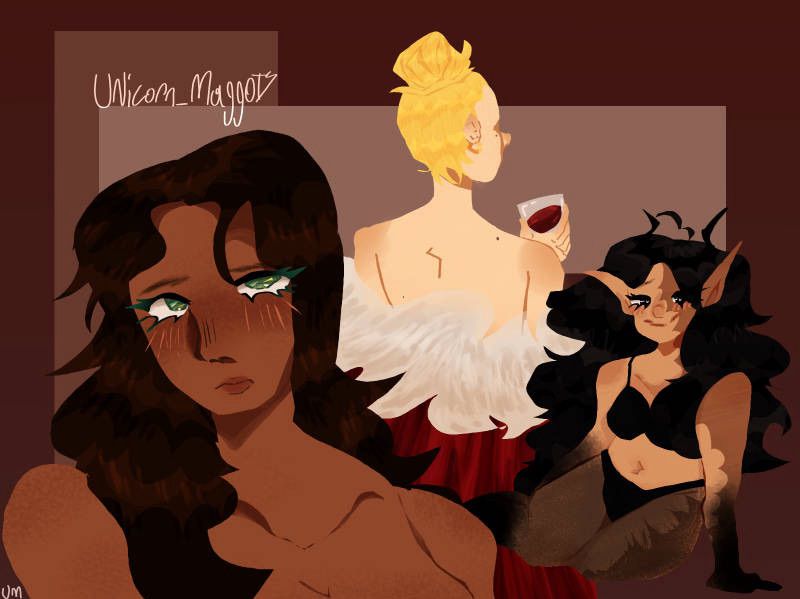 characters included !!!

Iris is the girl with the headshot

margo is the girl with the wine and bun

and chiyo has the full body and horns