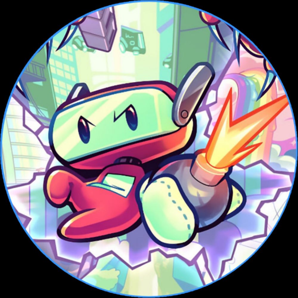 Title art from the game Gunny Ascend. It's a cute small red robot with a large wide heard that is mostly covered by a green visor. Angry eyes show through the visor. The robot is jumping through a wall and is carrying a bomb. His hands look like green oven mittens.