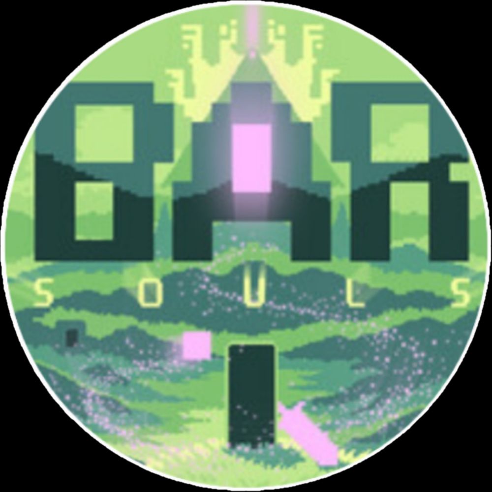 Digital art cover from the game "The Bar Souls." Pixel art in mostly shades of green. The main character in the foreground is a simple black rectangle holding a glowing purple sword. In the distance is a large mountain or pyramid.