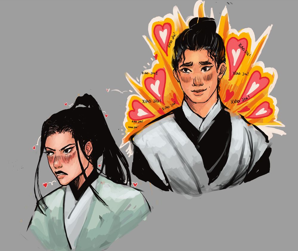 Disciple era yue qi smiling over at shen jiu, an explosion if warm colors and hearts behind him with “xiao jiu” repeated over and over. Shen Jiu is in the foreground turned away with an annoyed expression, blush coloring his cheeks and ear. Tiny hearts bounce off of Shen Jiu.