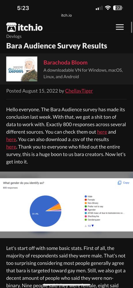 Bara Audience Survey Results
Bloom
Barachoda Bloom
A downloadable VN for Windows, macOS, Linux, and Android
Posted August 15, 2022 by Chellay Tiger
Hello everyone. The Bara Audience survey has made its conclusion last week. With that, we got a shit ton of data to work with. Exactly 800 responses across several different sources. You can check them out here and here. You can also download a .csv of the results here. Thank you to everyone who filled out the entire survey, this is a huge boon to us bara creators. Now let's get into it.
What gender do you identify as?
800 responses
Copy
91.4%
• Male
• Female |
• Non-Binary
• Prefer not to say
• Agender
• AFAB masc af due to testosterone ov...
• She/they/he |
• Genderqueer|
1/2V
Let's start off with some basic stats. First of all, the majority of respondents said they were male. That's not too surprising considering most people generally agree that bara is targeted toward gay men. Still, we also got a decent amount of people who said they were non-binary. Nine peopie sala tney were Temale, eight
