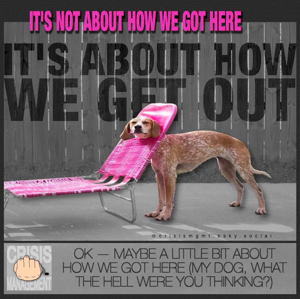 A black and white picture with a colorized dog whose head is sticking through a long-chair's headrest. The dog is visibly stuck and looks rather nonchalant about it, head turned towards the camera, eyes shut. The caption reads: 

"It's not about how we got here. 
It's about how we get out.

(Ok—Maybe a little bit about how we got here. My dog, what the hell were you thinking?)"

Bottom left corner, there is a logo that shows a fist facing us, with its middle finger ever slightly starting to rise. The fist has a crank on the side of it, in reference to the schoolyard joke of cranking your fist so the middle finger deploys. The middle finger is clearly ready to deploy. Behind said fist is written: "CRISIS MANAGEMENT"

@crisismgmt.bsky.social

Welcome to Crisis Management: Helping the Titanic rearrange its deckchairs since 2025.

#StopTheCoup #Trump #MAGA #Elon #Swastikar #SocialSecurity #SignalGate #Hegseth #Waltz #GOP #Resist #Mayday #WTF #WTAF #DOGE #NIH #USAID #Help