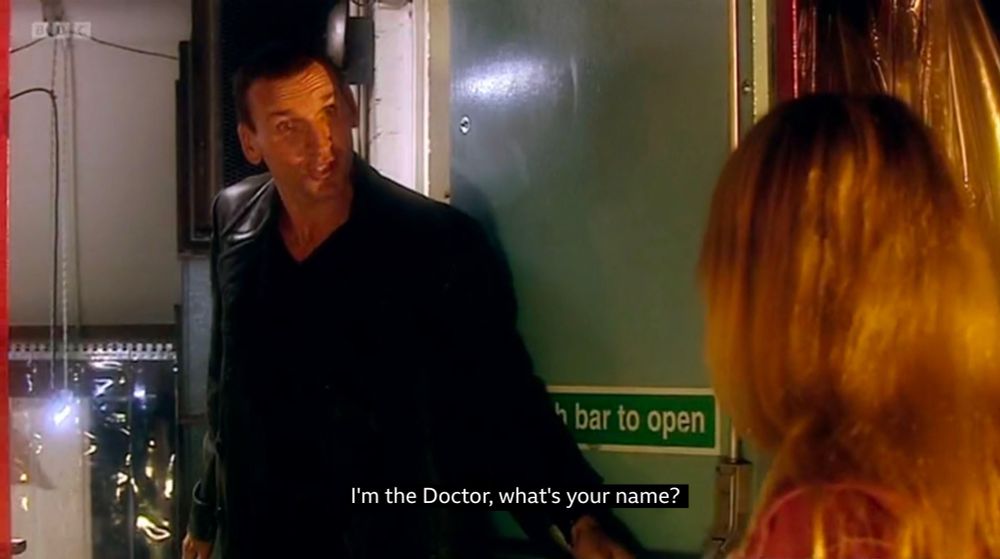 Scene from Rose (2005) in which Christopher Eccleston introduces himself: “I’m the Doctor, what’s your name?”.
