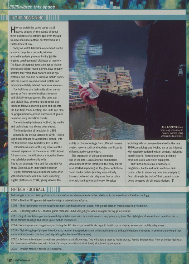 A football record article from 2004 with predictions of how technology will change how we watch football in 2025.