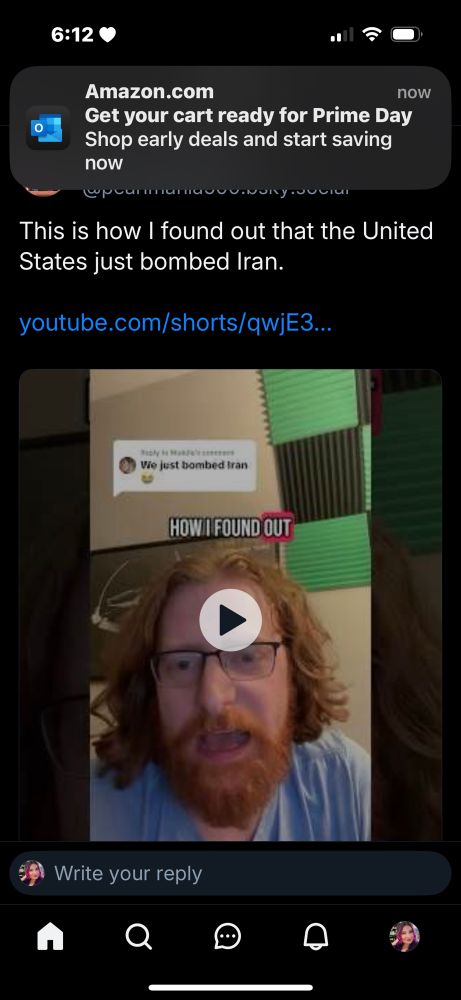 A screenshot of a post that says “We just bombed Iran.” overlayed is a notification advertising amazon prime day. 
