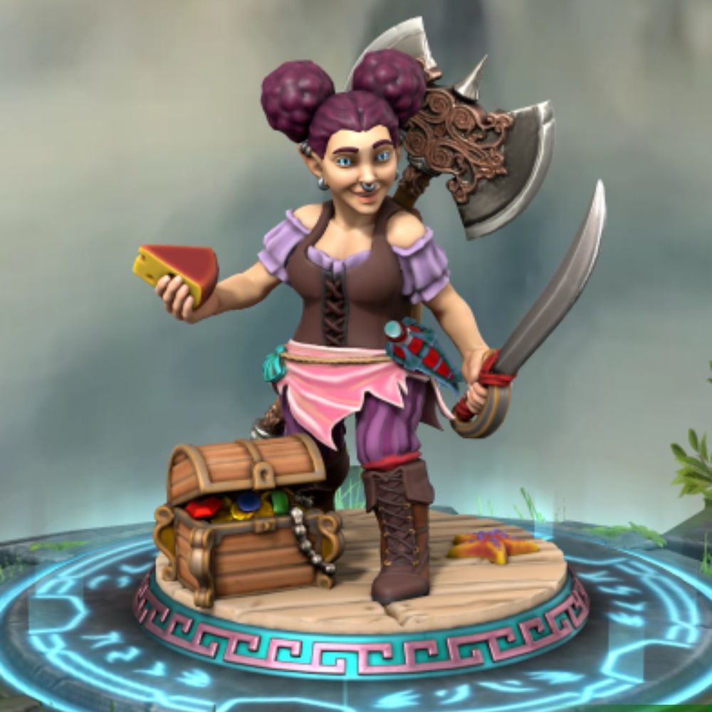 A screenshot of a small statute of a gnome woman. She has her burgundy hair in two buns, blue serpentine eyes, and fair skin. She is dressed in a pirate outfit with brown vest, purple shirt, pink sash, purple pants, and brown boots. She has a scimitar in one hand, and a slice of cheese in the other. On her back is a silver battle axe and at her feet is a treasure chest. 
