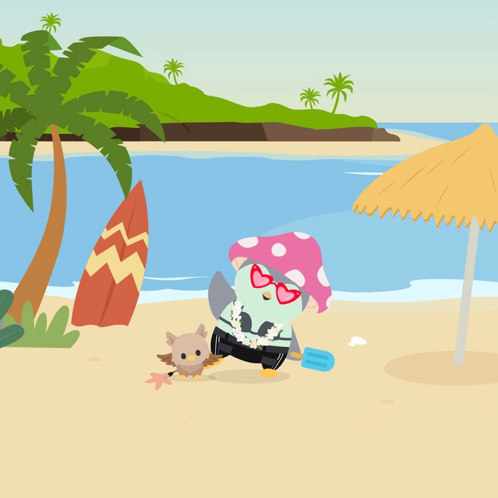 A screenshot of the Finch wellness app. A small animated bird with green feathers waves on the beach. She is wearing red sunglasses, black bikini, and a pink mushroom hat. In her hand is a blue ice pop and she has a pet griffon at her side. There are palm trees and an orange surfboard in the sand with the waves stretching out into the background. 
