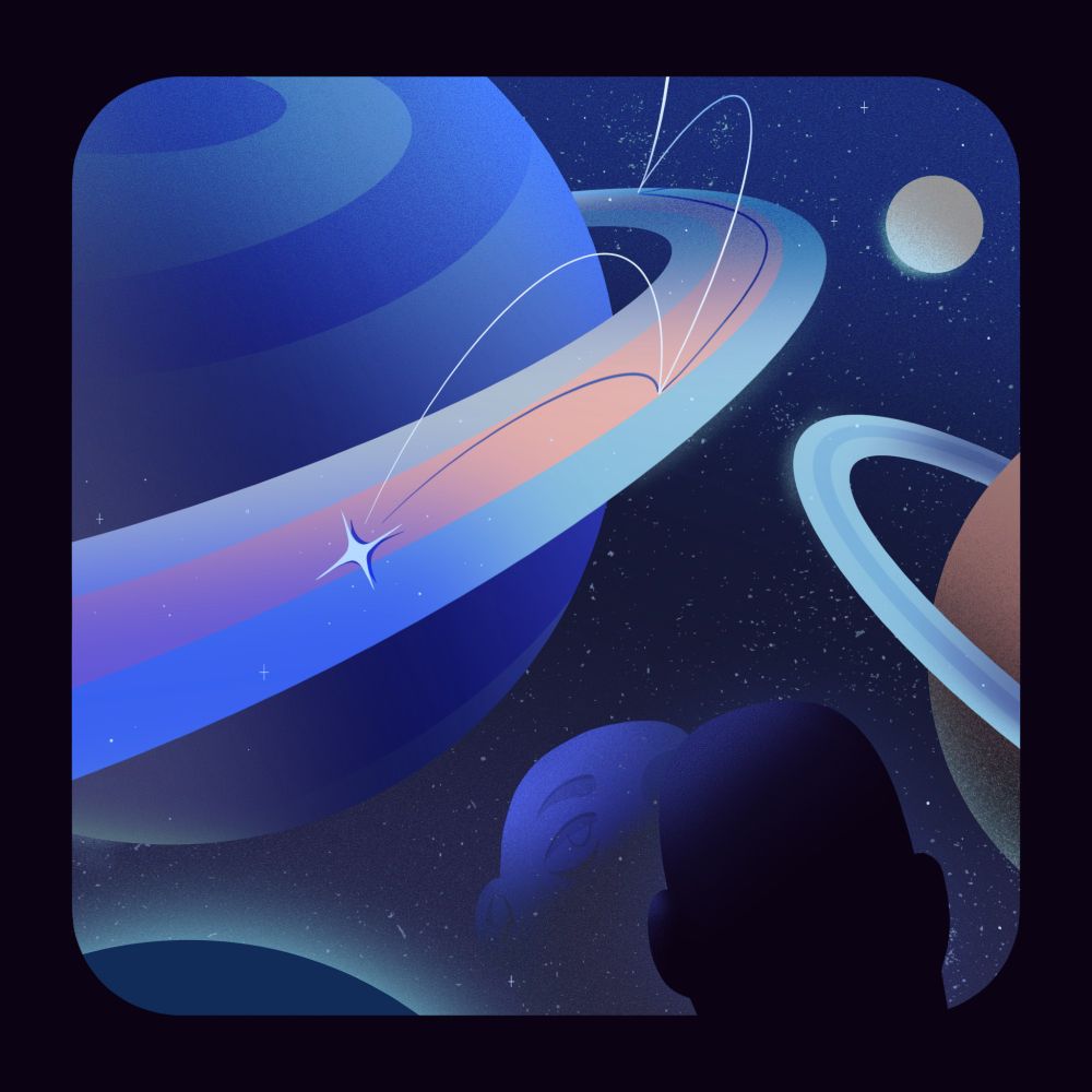 A figure is peeking outside of a spaceship window. The person is slightly reflected on the widow. The view reveals the vastness of space, littered with stars. There are a few bright planets with rings in front. There is a shooting star bouncing on the widest rings of the biggest planet in the shot.