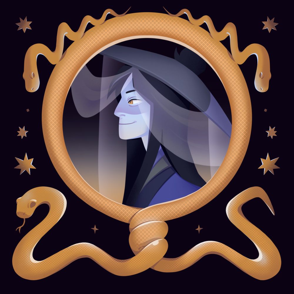 Profile portrait of Hua Binan, framed by a golden snake interwoven into a circle. The character is lit in an eerie blue light, wearing a veiled wide hat, a few veils are parted to reveal more of his face. His golden eyes stand out and he is smiling, looking to the side. A few decorative golden snakes and stars ornament the snake framing him in a circle.