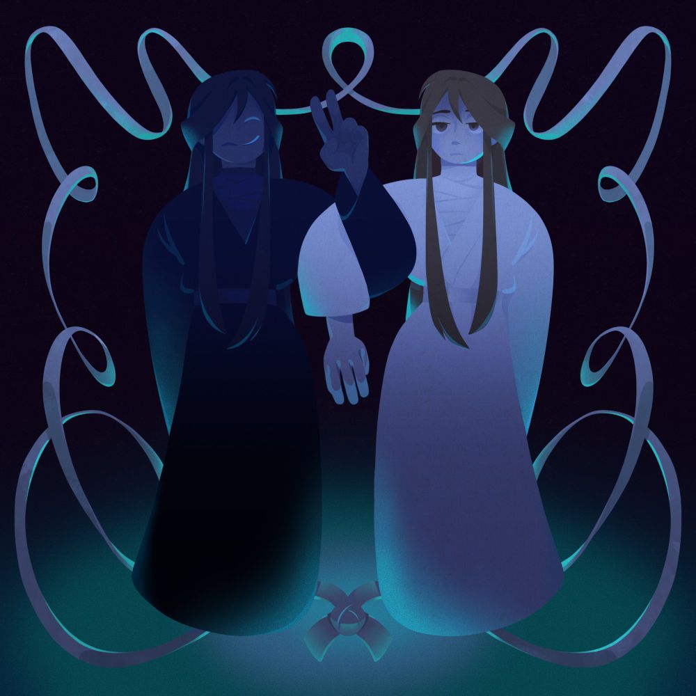 Two figures are intertwined by their elbows. One on the left, Bai Wuxian, is holding the other person's arm up, giving a piece sign, head to toe dark, rocking a creepy half smile. Mirroring him on the right is Xie Lian in white, tired and depressed. Both figures are framed by Ruoye, a silk rope, joined in a tie forming a loop.