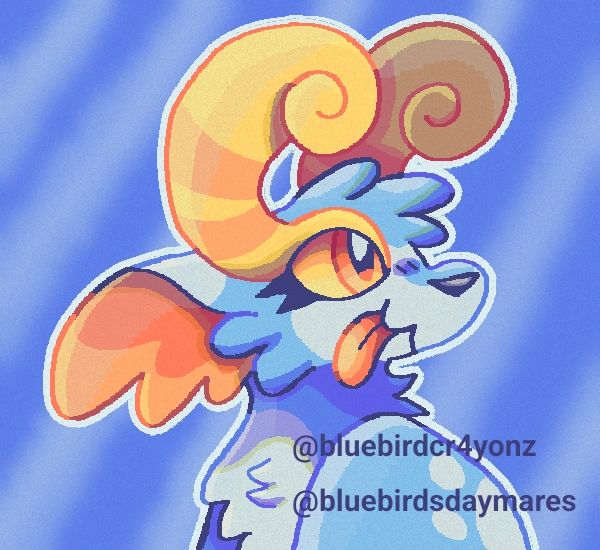 My part of an Art Trade with my sibling ajopeludi !! It's a drawing of their Brear original character, Brears are one of the creatures named Creo, from the mobile videogame EvoCreo by Ilmfinity, they look like blue dogs with white spots and yellow horns