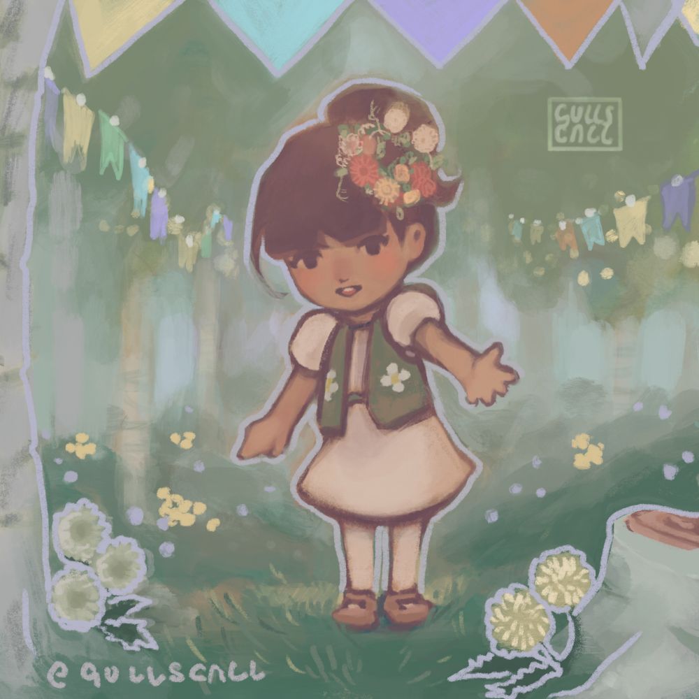 a girl in a white and green dress extends her hand to the viewer while standing in a birch tree forest