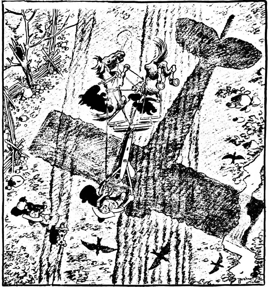 Sketch of startled farmer and plow horses rearing in field as shadow of biplane passes over them, as seen from directly overhead. 