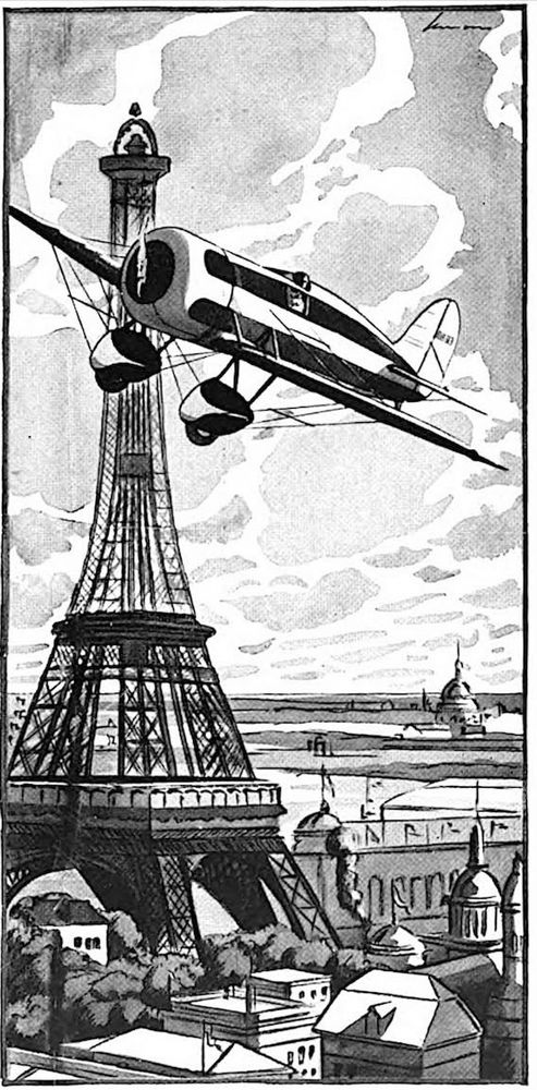 Sketch of Travel Air Mystery S speed plane Texaco 13 whizzing past Eiffel Tower.