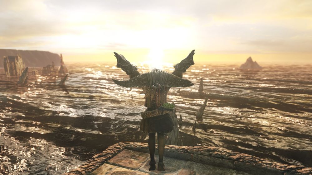 A screen shot from Dark Souls 2 of Farasg looking to the sea and praising the sun. 