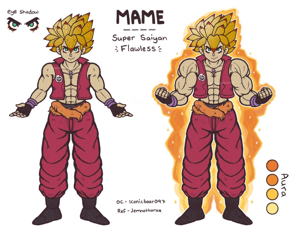 A reference sheet of iconicboar097's original character Mame, featuring two digital illustrations of him showing off his "Super Saiyan Flawless" form. He has orange crystal-like hair with red tips, green eyes with red eye shadow, and an orange tail wrapped around his waist. He is wearing a red vest and trousers with black boots, along with black and purple fingerless gloves. One pose shows him relaxed, while another shows him flexing. In the flexing pose, he has a glowing sparkly yellow/orange aura around him. 
