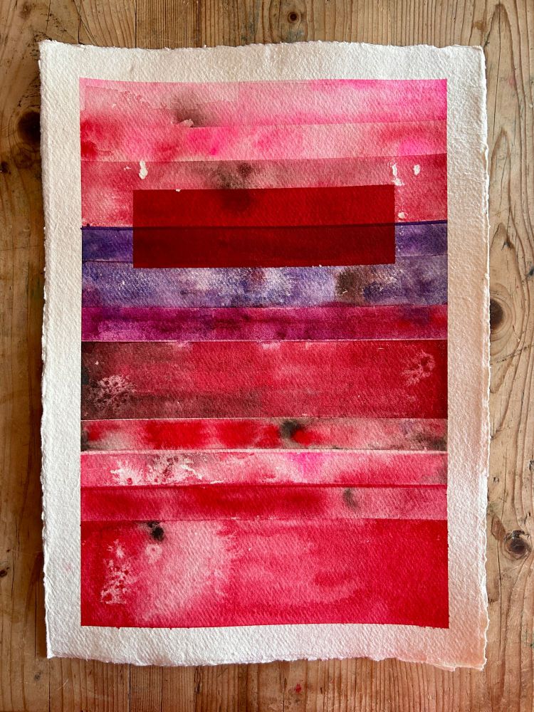 Watercolour painting: stripes of deep red up to more than half way, followed by maude and violet, then dirty red again, and fluo pink at the top, with a wide but thin opaque deep red "window" on top of the intersection beteen violet and dirty red. Heavily textured and also a bit splattered, with splotches of colours interactiing on each stripe, and lagoons of paler colour in places. Like the phases of an old building, painted over many times. On handmade cotton rag paper by Khadi.