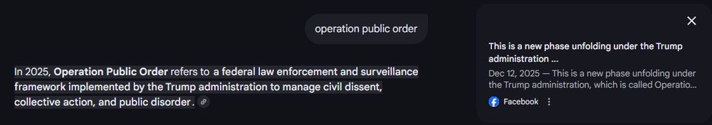 Google Gemini describing "Operation Public Order" as though it's real, even though it cites only the AltNPS Facebook page as evidence.