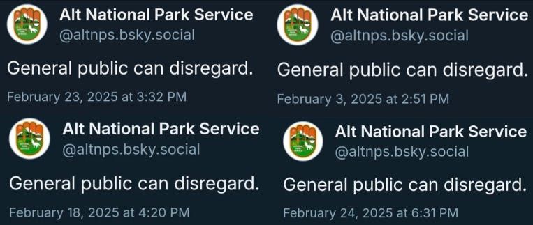 A collage of the Alt National Park Service saying "General public can disregard."