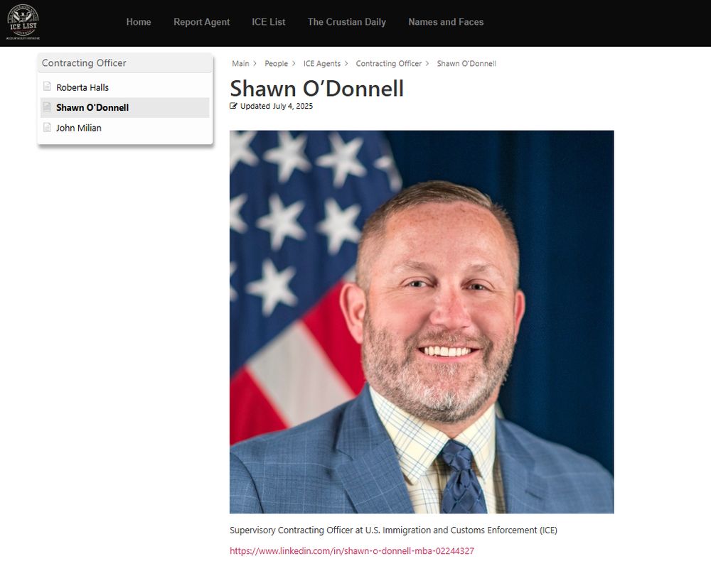 A page on the ICE List website. It has a headshot of a man in a suit, labels the man as a 
