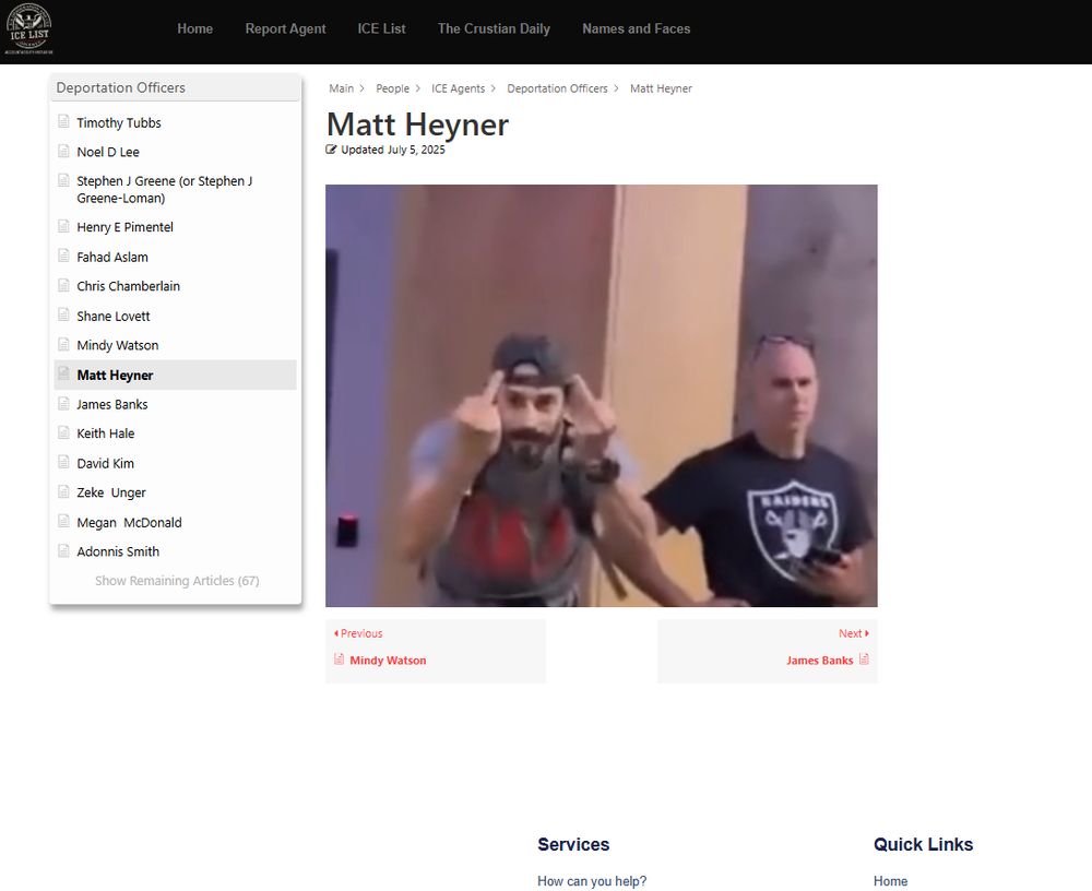 A page on the ICE List website. It has a photo of a man giving two middle fingers to the camera. The site says his name is Matt Heyner, but there are no links or other info.
